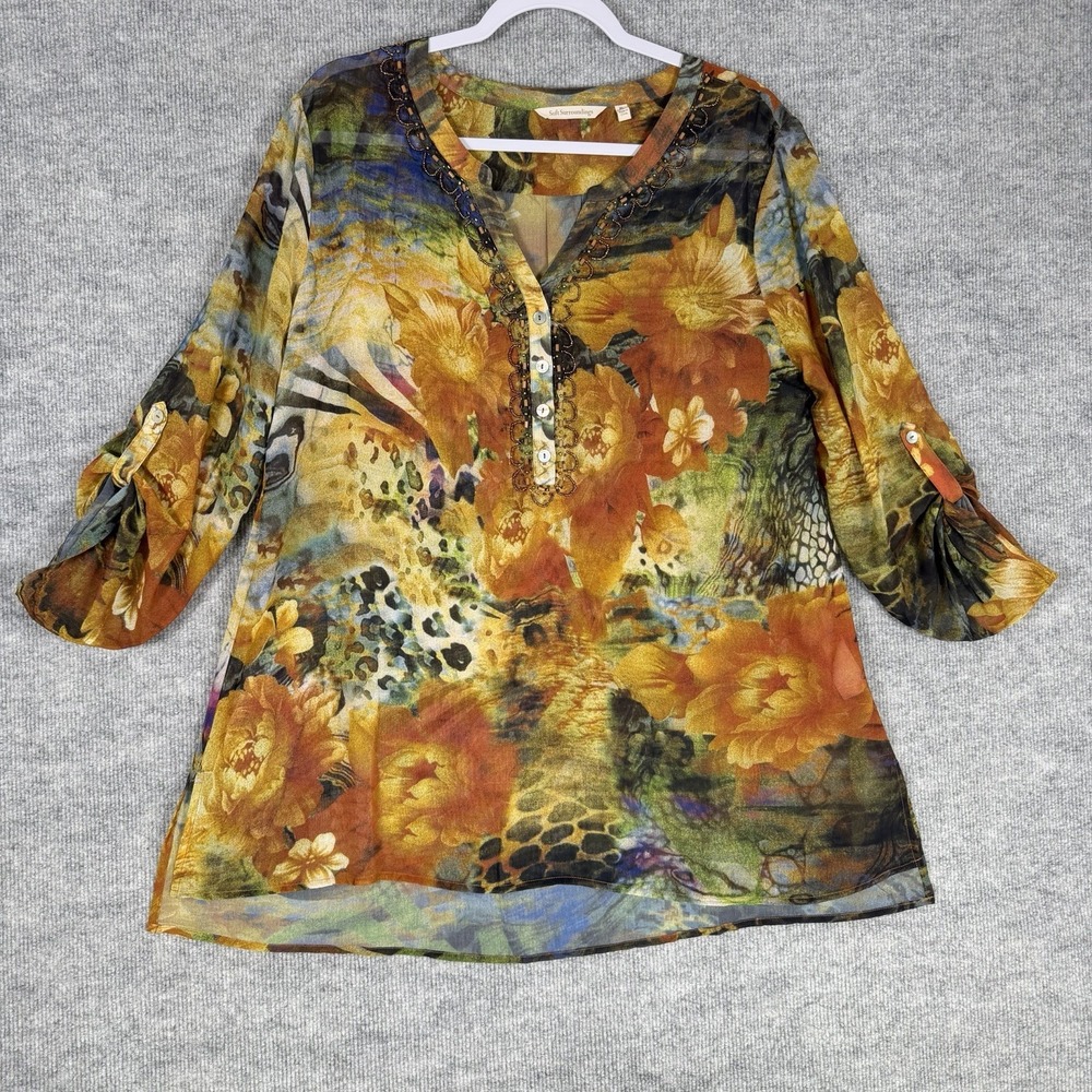 Soft Surroundings Size-XL Top Womens Tunic Artsy Sequins Beads Roll Tab Sleeves